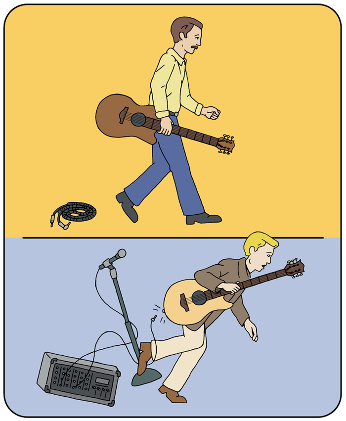 Cartoon musician walking offstage with his guitar still plugged in, yanking the microphone stand over.