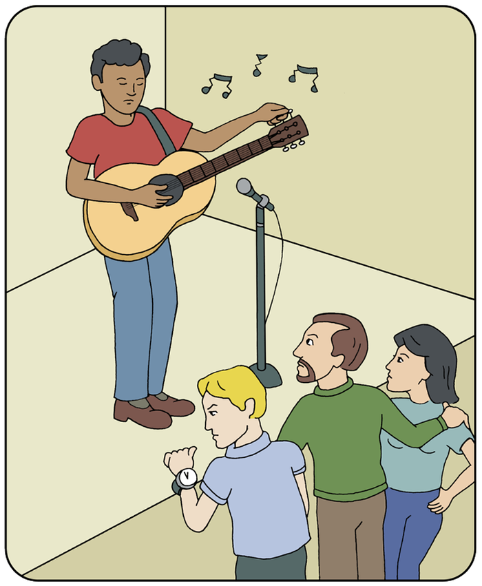 Cartoon musician tuning his guitar on stage while the audience checks a wristwatch, waiting.