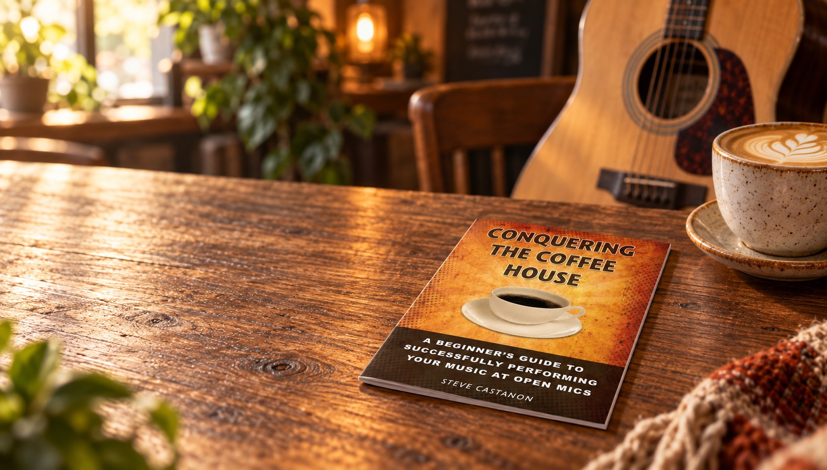 A copy of Conquering the Coffeehouse resting on a wooden coffeehouse table beside an acoustic guitar and a latte.